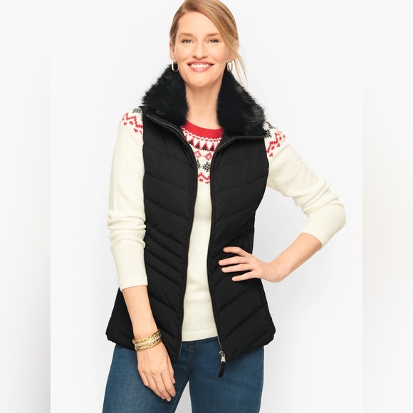 Talbots Faux Fur Collar Down Puffer Vest Women XS Black Warm Winter Casual Work - Picture 1 of 11